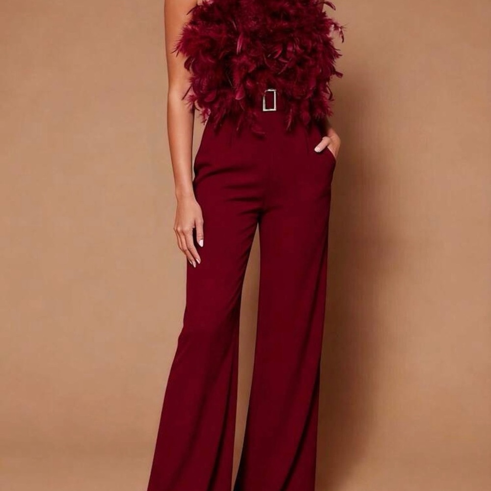 Chic Maroon Feathered Jumpsuit